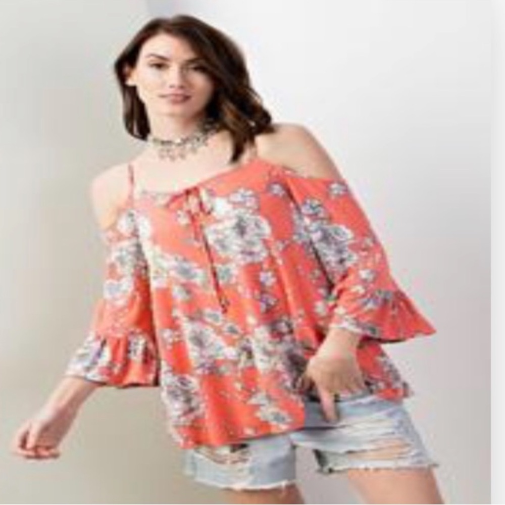 Easel Coral Tie Front Blouse floral nwt